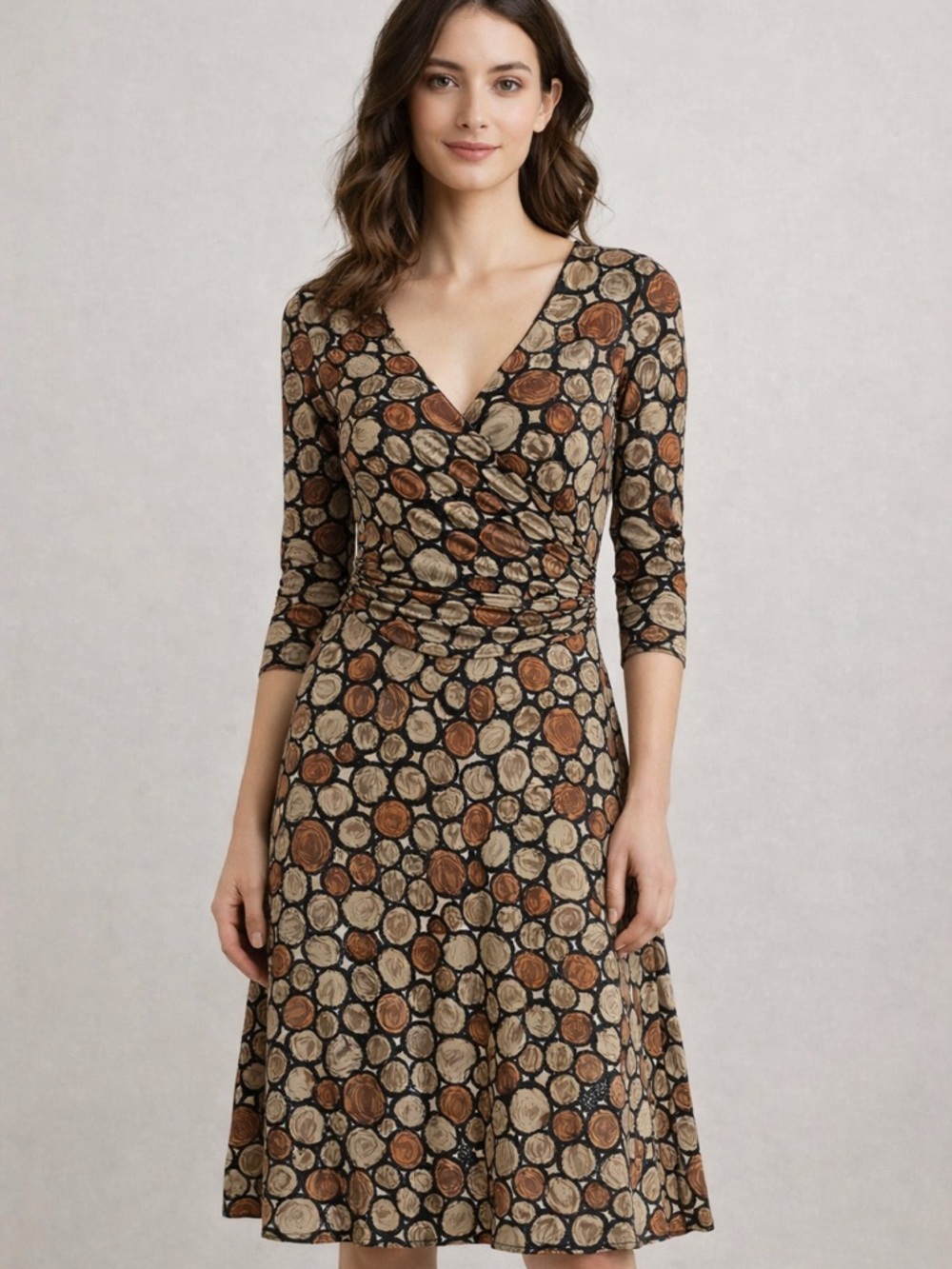 London Times Dress Size 4 Brown Black Print Fit Flare Stretch